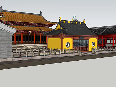 Traditional Ancient Architecture With Yellow Walls Red Pillars And Curved Roof Tiles 3d model