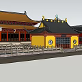 Traditional Ancient Architecture With Yellow Walls Red Pillars And Curved Roof Tiles