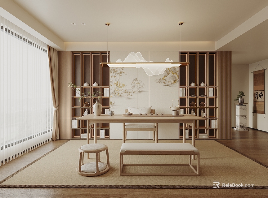Modern Tea Room Interior Design With Bookshelves Landscape Painting Hanging Lamp Table And Bench 3d model 