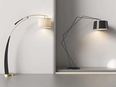 Modern Floor Lamps With Arc And Geometric Metal Frames And Fabric Shades 3d model