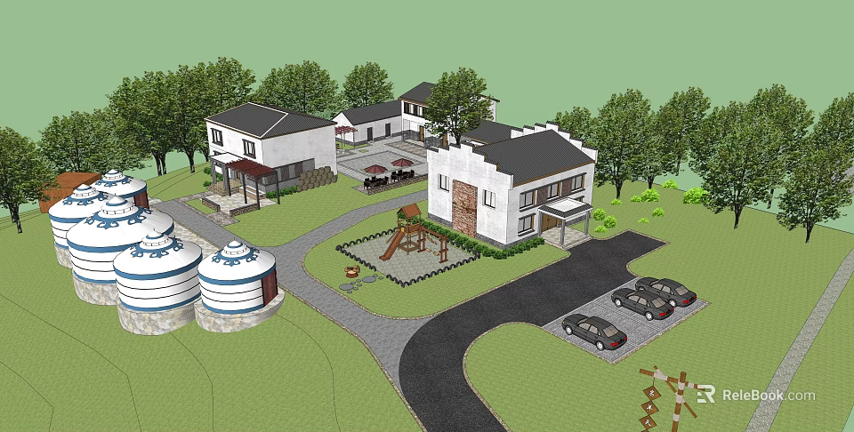 Scenic Garden Landscape With Traditional Modern Buildings Trees Playground And Parking Area 3d model 