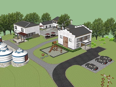 Scenic Garden Landscape With Traditional Modern Buildings Trees Playground And Parking Area 3d model