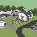 Scenic Garden Landscape With Traditional Modern Buildings Trees Playground And Parking Area