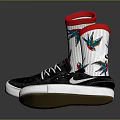 Stylish Black Shoes With White Socks Featuring Red Cuffs And Green Plant Patterns
