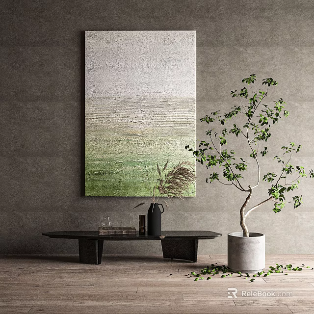 Stylish Interior Decor With Large Gradient Painting Green Plant And Black Console Table 3d model