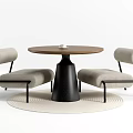 Modern Round Wooden Table with Black Metal Base and Beige Upholstered Chairs on Rug