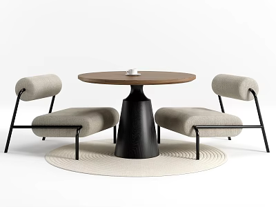 Modern Round Wooden Table with Black Metal Base and Beige Upholstered Chairs on Rug 3d model