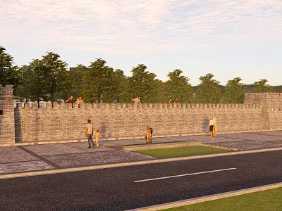 Garden Landscape With Ancient Wall Green Trees And People Walking On Path 3d model