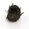 Natural Bird Nest Structure Made Of Twigs With Small Green Leaf On White Background