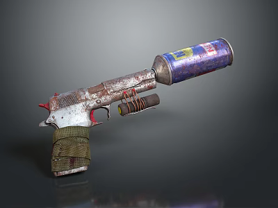 Rusted Modified Weapon With Canister Attachment Red Trigger And Green Grip 3d model