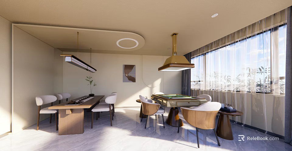 Modern Clubhouse Interior Design With Dining Table Billiard Table Chairs And Pendant Lights 3d model 