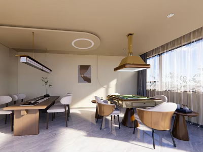 Modern Clubhouse Interior Design With Dining Table Billiard Table Chairs And Pendant Lights 3d model