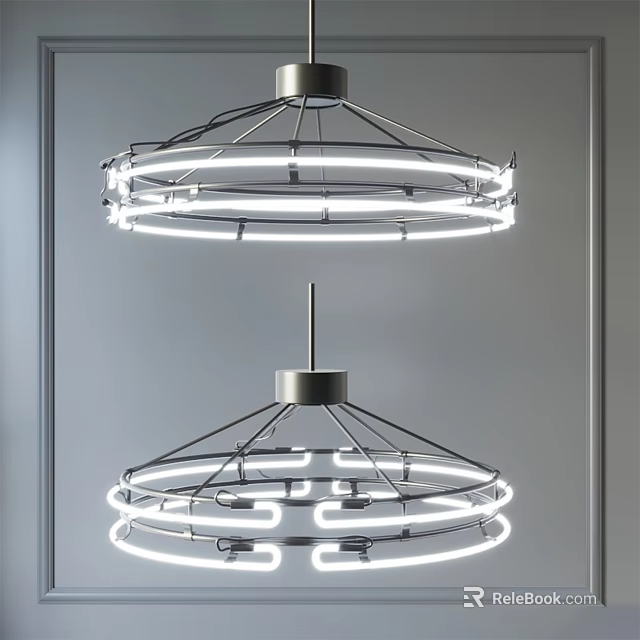 Modern Double Chandeliers With Circular Illuminated Rings And Metal Frame 3d model 
