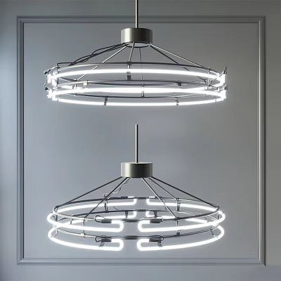 Modern Double Chandeliers With Circular Illuminated Rings And Metal Frame 3d model