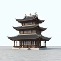 Ancient Chinese Architecture Three Story Wooden Structure With Curved Eaves Tiled Roof And Ornate Windows
