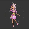 Rabbit Eared Girl Holding Purple Butterfly In Pink Star Dress With Yellow Belt