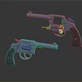 Two Blue Metal Revolvers With Black Grips Shiny Cylinders And Classic Design
