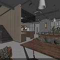 Modern Cafe Interior Design With Wooden Tables Wicker Chairs Hanging Decorations And Warm Lighting