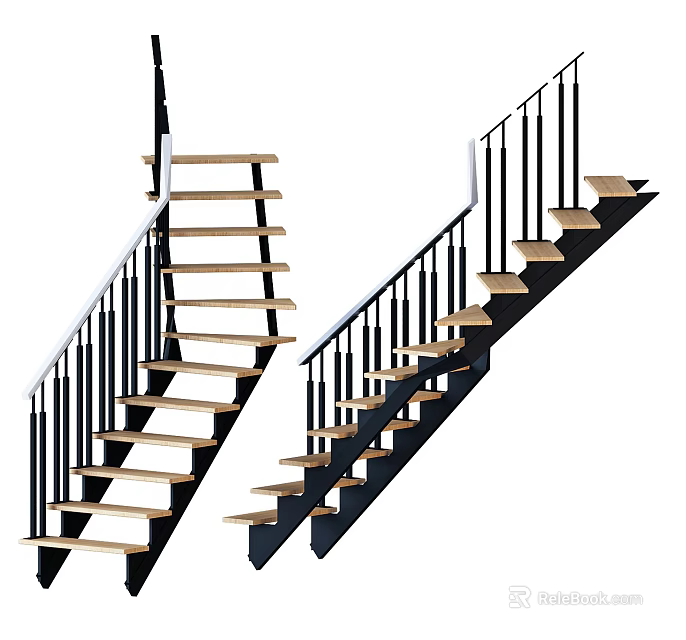 Modern Staircase Design With Wooden Steps And Black Railings For Interior 3d model 