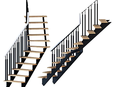 Modern Staircase Design With Wooden Steps And Black Railings For Interior 3d model