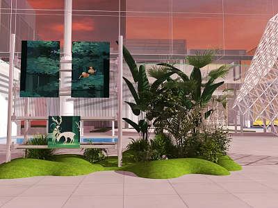 Floral Art Installation In Modern Plaza With Green Plants Lawn And Art Decorations 3d model
