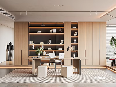 Modern Minimalist Study Room Interior With Wooden Bookshelves Desk And Plants 3d model