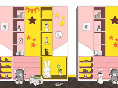 Colorful Kids Wardrobe With Pink Yellow Design Star Decorations And Rabbit Plush Toys 3d model