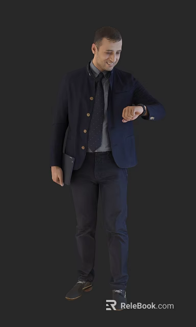 A man in dark blue blazer with tie holding tablet checking watch 3d model 