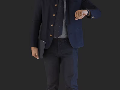 A man in dark blue blazer with tie holding tablet checking watch 3d model