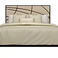 Modern Double Bed With Upholstered Headboard Beige Comforter And Multiple Pillows 3d model