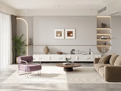 Minimalist Modern Living Room Interior Design With Beige Sofa Purple Armchair And Wall Art 3d model