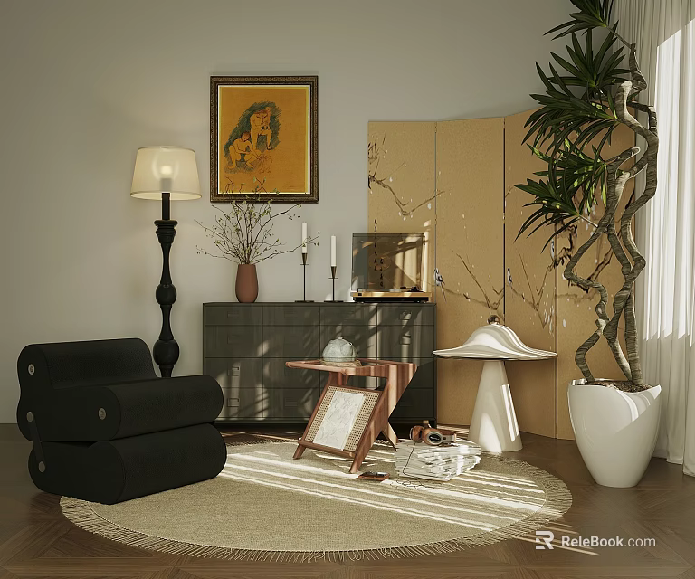 Modern Living Room Interior Featuring Chest of Drawers Black Sofa Floor Lamp And Potted Plant 3d model 