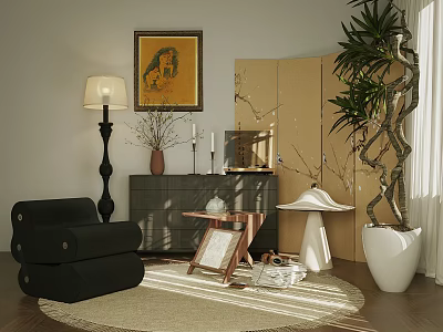 Modern Living Room Interior Featuring Chest of Drawers Black Sofa Floor Lamp And Potted Plant 3d model