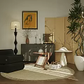 Modern Living Room Interior Featuring Chest of Drawers Black Sofa Floor Lamp And Potted Plant