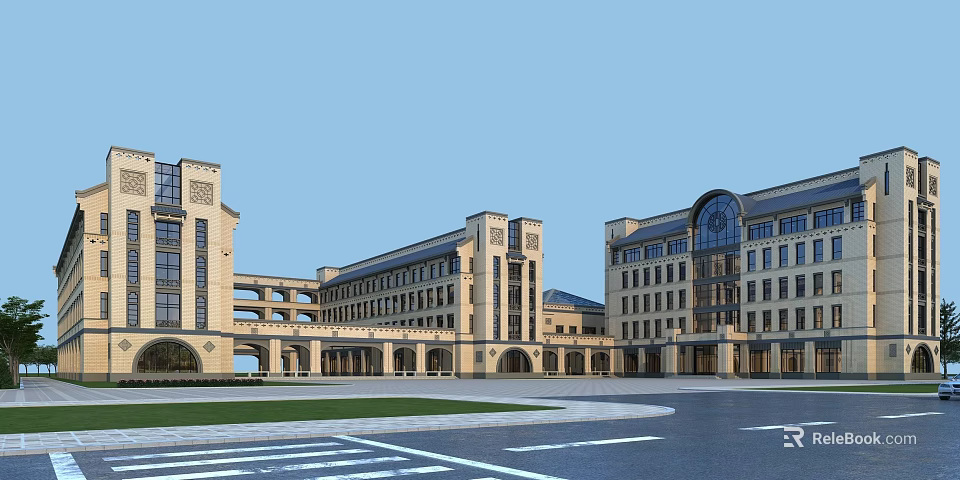 Classical Multi Story School Buildings with Arched Porticoes Large Windows and Campus Plaza 3d model 