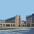 Classical Multi Story School Buildings with Arched Porticoes Large Windows and Campus Plaza