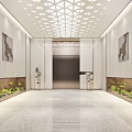 Modern Elevator Lobby Design With Geometric Ceiling Decorative Paintings Green Plants And Marble Floor