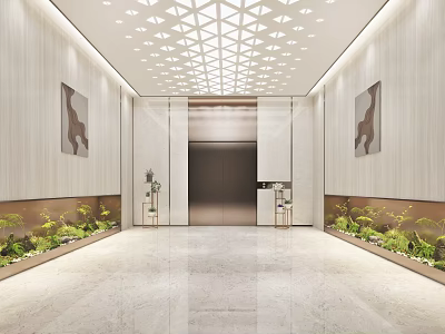 Modern Elevator Lobby Design With Geometric Ceiling Decorative Paintings Green Plants And Marble Floor 3d model