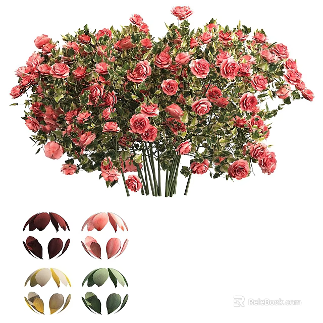 Fresh Pink Roses Bouquet With Green Leaves And Colorful Decorative Buds 3d model 