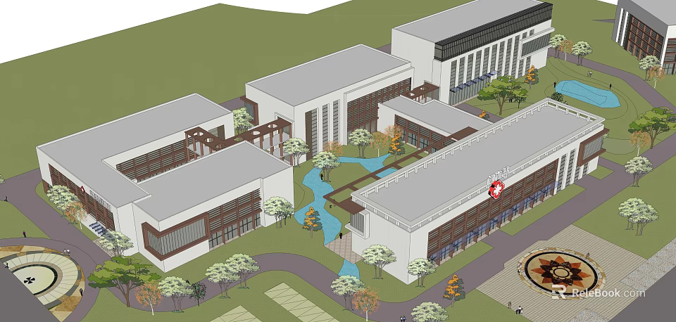 White Architectural Complex With Courtyard Water Features Trees And Landscaped Paths 3d model