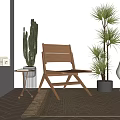 Natural Wooden Folding Lounge Chair With Green Plants Small Side Table And Woven Rug