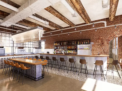Industrial Style Restaurant Interior Featuring Brick Walls Wooden Beams And Bar Counter With High Chairs 3d model