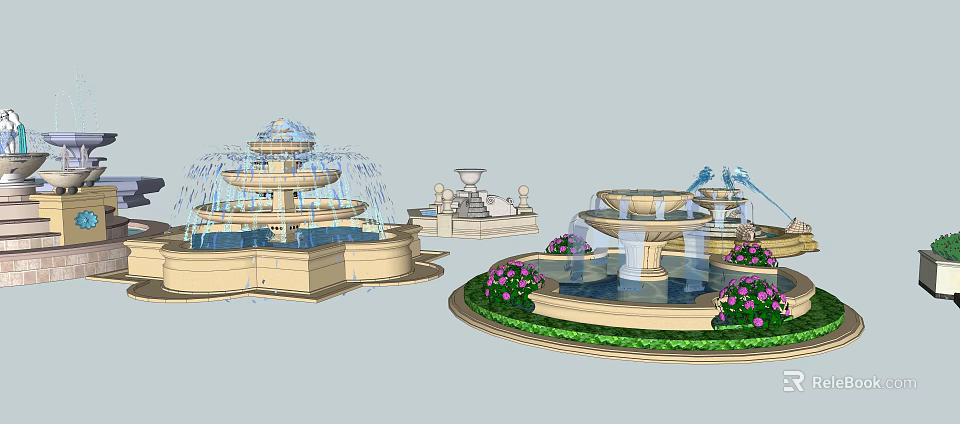 Decorative Multi Tiered Water Fountains With Light Stone Bases And Flower Bed Surroundings 3d model 