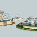 Decorative Multi Tiered Water Fountains With Light Stone Bases And Flower Bed Surroundings