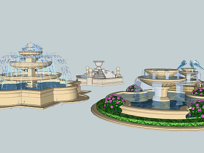Decorative Multi Tiered Water Fountains With Light Stone Bases And Flower Bed Surroundings 3d model