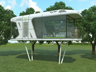 Modern Eco Friendly Guest House with Sleek Glass Structure Elevated on Grassland Surrounded by Trees 3d model