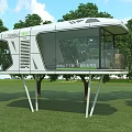 Modern Eco Friendly Guest House with Sleek Glass Structure Elevated on Grassland Surrounded by Trees
