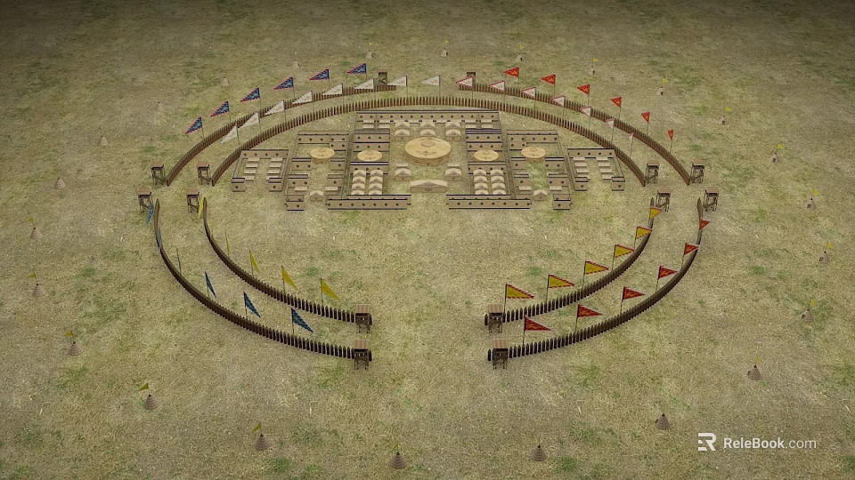 Circular Park Landscape With Colorful Flags Fenced Perimeter And Central Decorative Structure Layout 3d model 