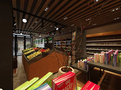 Modern Supermarket Grocery Store with Fresh Fruit Display Organized Shelves and Colorful Products 3d model