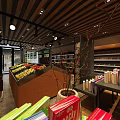 Modern Supermarket Grocery Store with Fresh Fruit Display Organized Shelves and Colorful Products